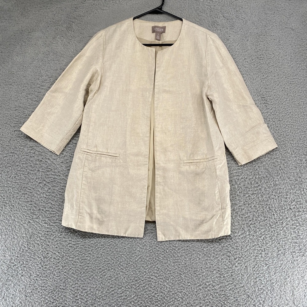 Chicos Coatigan‎ Womens 1/Medium Beige Linen Collarless Shimmery Metallic Layer